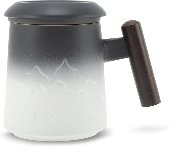 Tea Cup with Infuser, 13.5oz Ceramic Tea Infuser Mug with Wood Handle and Cup Lid, Tea Strainer Cup for Loose Leaf Steeping, Black&White