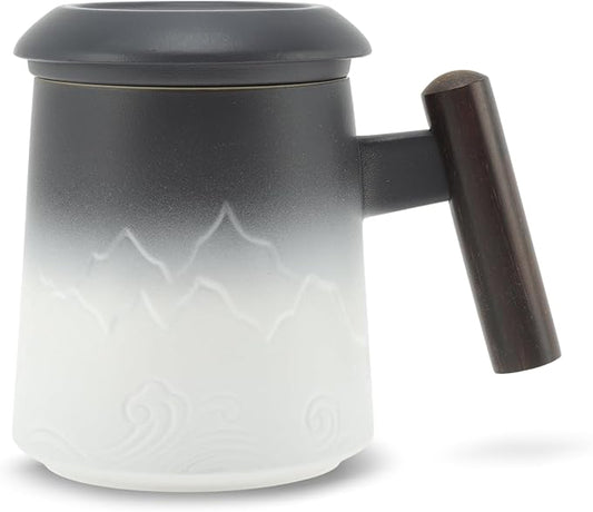 Tea Cup with Infuser, 13.5oz Ceramic Tea Infuser Mug with Wood Handle and Cup Lid, Tea Strainer Cup for Loose Leaf Steeping, Black&White