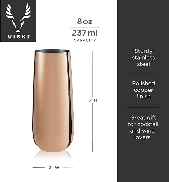 Viski Stemless Champagne Flutes, Stainless Steel Sparkling Wine Glasses for Prosecco, Sparkling Cocktails, Mimosas, Elegant Glassware for Wedding Gifts, Home Bar, 8 oz, Set of 2, Copper