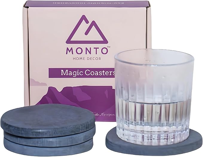 Magic Coasters – Absorbent Stone Coaster Set of 4 for Drinks, Diatomaceous Earth, Table Slip Proof with Sturdy Cork Bottom, Stylish and Sustainable Drink Holder (Midnight Peak)