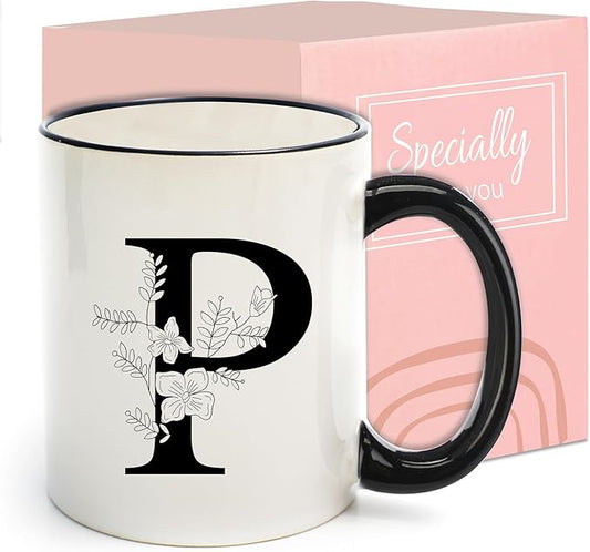 Monogram Ceramic Coffee Mugs, 11 oz Initial Drinking Cup with Gift Box, Unique Birthday Christmas Gifts for Women Wife Mothers Day Grandma Mom Aunt, P