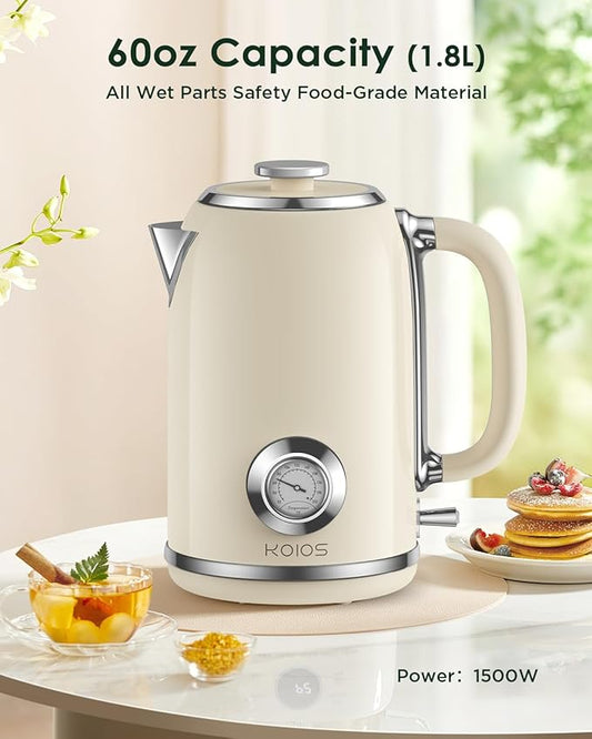 Electric Kettle 1.8L with Temperature Gauge, 1500W Fast Boiling Electric Tea Kettle, 100% Stainless Steel Retro-Style Hot Water Kettle Electric - Glowing LED Light, Auto Shut-Off & Boil-Dry Protection