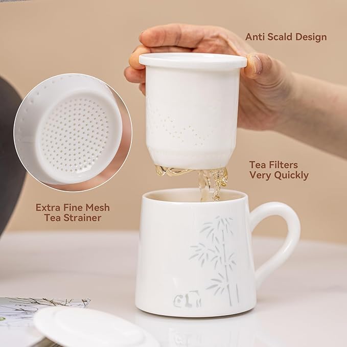 Ceramic Tea Mug with Infuser & Lid - 10.6oz Handcrafted Translucent Cup, Loose Leaf Tea Cup with Infuser, Insulated Ceramic Coffee Mugs with Lid，Perfect Gift Set for Women/Men