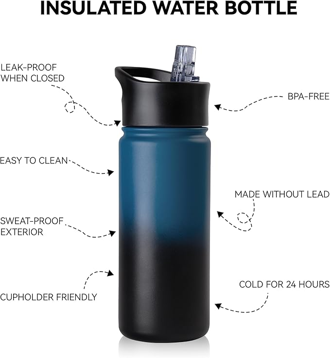 16 oz Insulated Water Bottle Bulk 8 Pack, Straw & Spout Lid, Keep Cold 24H, Spill Proof, BPA-Free, Double Wall, Stainless Steel Kids Water Bottles for School, Sports, Blue Black Gradient