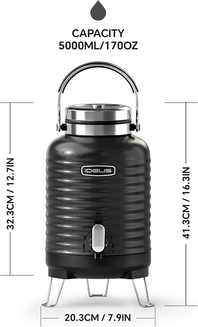 IDEUS Insulated Beverage Dispenser, All-in-one for Camping Vacuum Double-Wall Stainless Steel Water Cooler Coffee Carafe Jug Leakproof Drink Container with Handle, Spigot & Stand (Black, 1,4gal)