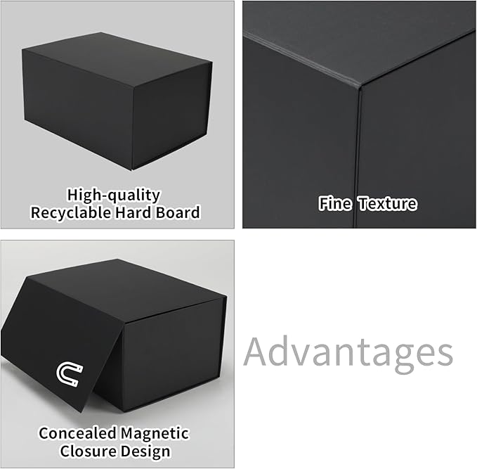 Ditwis 4 Pack 10x7x5 Inches Gift Boxes with Magnetic Closure Lids, Black Magnetic Box for Wedding, Groomsmen Bridesmaid Proposal, Birthdays, Mother's Day