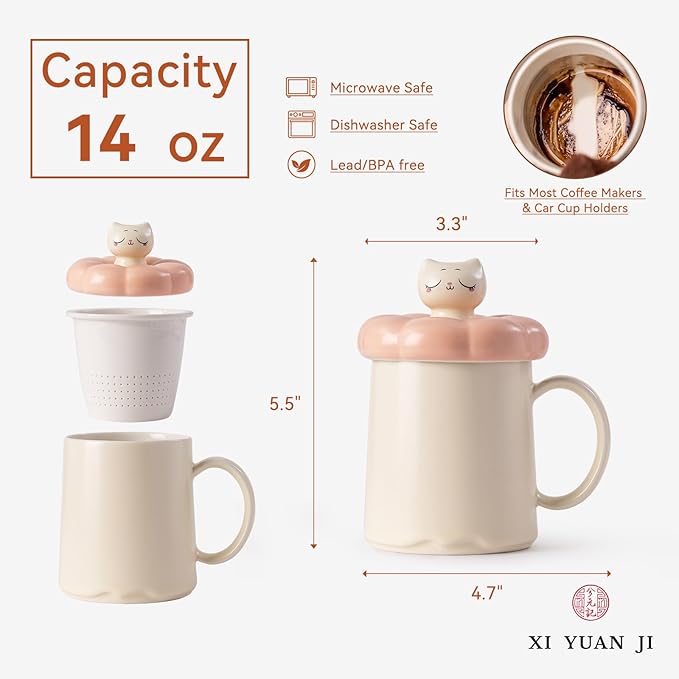 Spinning Cat Tea Cup with Infuser and Lid 14oz - Ceramic Mug with Lid, Floral Design Tea Gift for Women, Anniversary Birthday Gift Compatible with Warmer