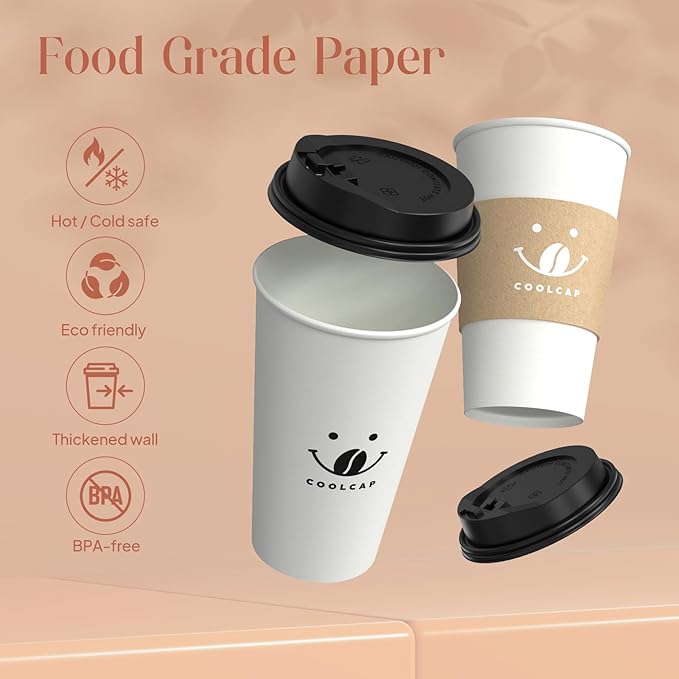 Coolcap Coffee Cups with Lids and Sleeves, 16 oz 300 Pack To Go Cups with Lids, Paper Hot Cups for Hot & Cold Beverage (White, 16 oz)