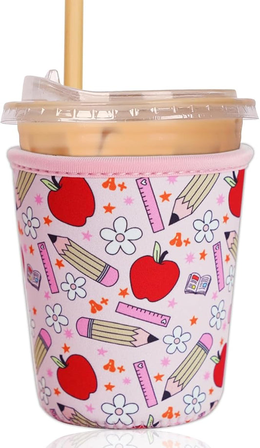 Reusable Insulated Sleeve for Iced Coffee Cup, Coffee Neoprene Sleeve for Cold & Hot Drinks, Beverage Holder for Iced Coffee (Teacher Treasure, Small: 16-18oz)