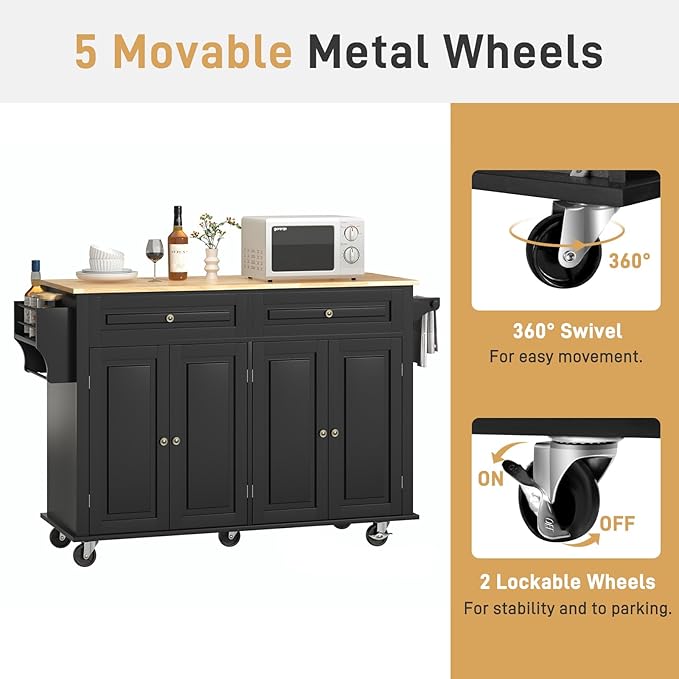 55" Movable Kitchen Island with Drop Leaf and Power Outlet, Rolling Cart with Storage Cabinet, Island Table on Wheels for Kitchen with 2 Drawers, Spice Rack, Towel Bar, Garage Hook, Black