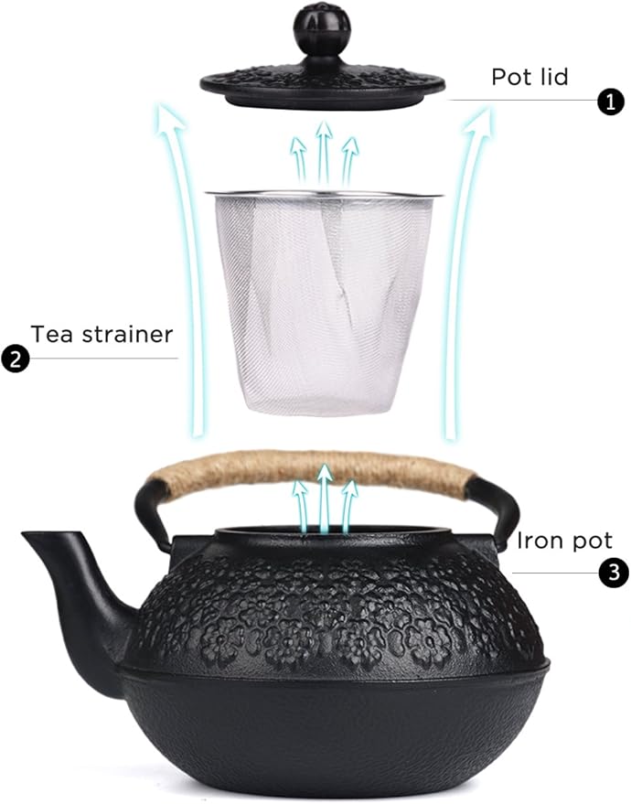 Sotya Cast Iron Teapot, 40oz/1200ml Japanese Tetsubin Tea Pot with Infuser for Loose Leaf and Tea Bags, Tea Kettle Coated with Enameled Interior for Stove Top, Black