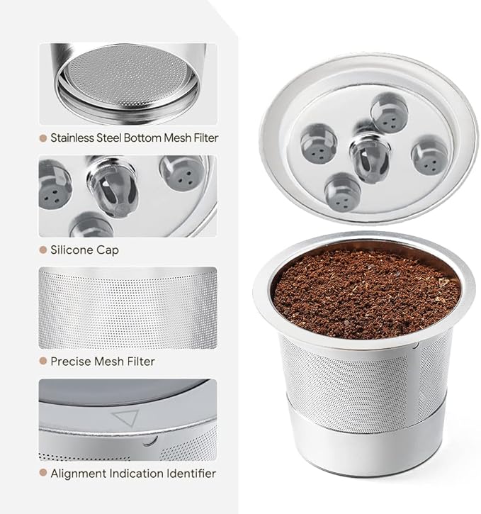 4 Pack Stainless Steel Reusable K Cups for K eurig Supreme & Supreme Plus, Five Hole Universal K-eurig Reusable Refillable coffee pod filter 2 Stainless Steel Spoons 2 Brushes