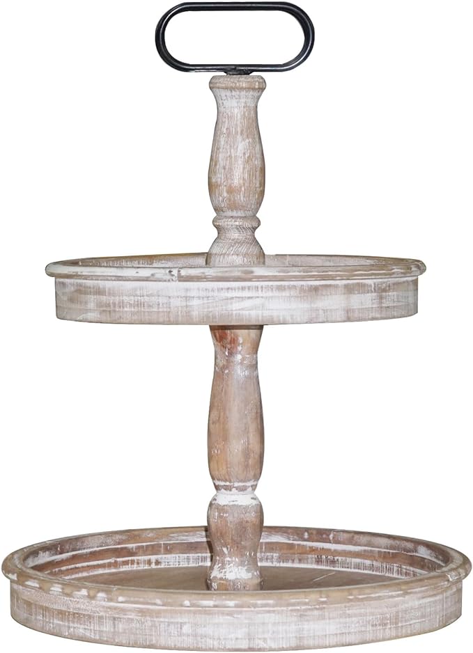 Krismax Decorative Trays - Two Tiered Tray Stand Rustic Decor Farmhouse 2 Tiered Tray Serving Tray Seasonal & Holiday Decoration Wooden Tray