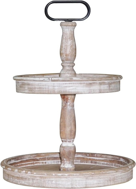 Krismax Decorative Trays - Two Tiered Tray Stand Rustic Decor Farmhouse 2 Tiered Tray Serving Tray Seasonal & Holiday Decoration Wooden Tray