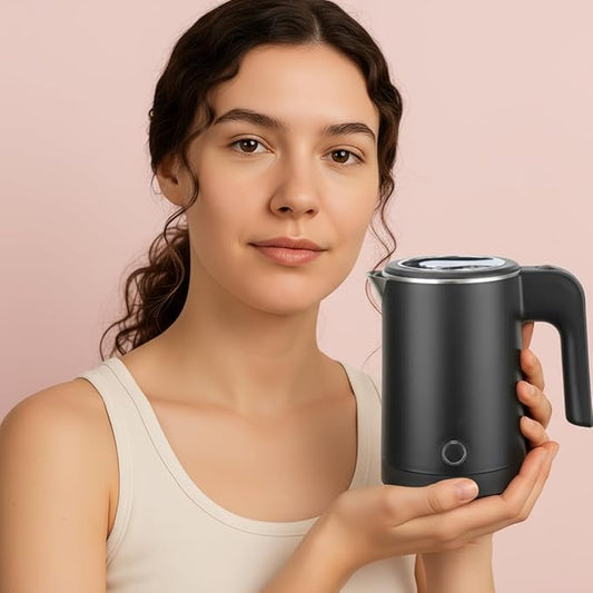 0.5L Small Portable Electric Tea Kettle Stainless Steel, Travel Mini Electric Coffee Kettle, Hot Water Boiler Heater for Business Trip, Camping, Travel, Office (Black)