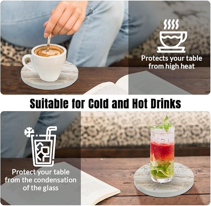 Ceramic Coasters Set of 6, Marble-Textured Design with Holder - Absorbent Cork-Backed Coasters for Cups, Bar & Coffee Table Decor Accessories (Khaki Marble, 4 Pack)