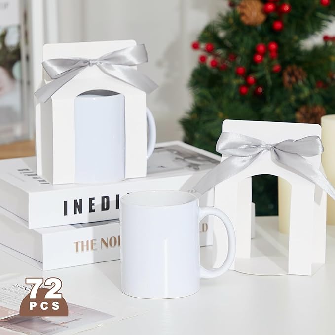 Kosiz 72 Pcs Mug Boxes Sublimation Coffee Mugs Gift Bags with Window Packaging Storage Box for Shipping Selling Wedding Valentines Gift Packaging Wrapping (for 11oz Mug,White,Silver)
