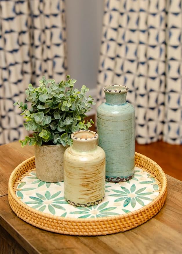 Magenta & Teal Round Rattan Serving Tray with Mother of Pearl Inlay, Wicker Coffee Table Decor, Farmhouse Style (Green Flower)