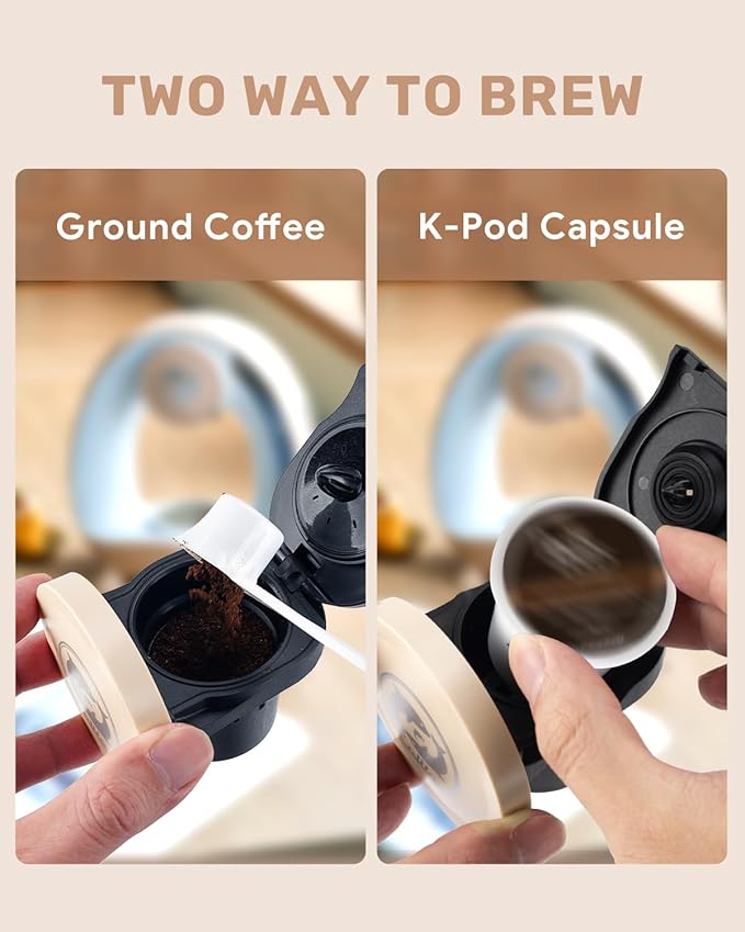 2-in-1 Coffee Maker, Fast Brew in 1.5mins, Single Serve Coffee Machine Compatible with K-Cup Pods & Ground Coffee, 1400W 20s Preheat, Compact for Home,Small Place,Office&RV, 8oz,Champagne