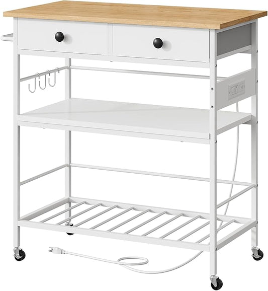 HOOBRO Kitchen Island with Storage, Rolling Island Cart for Kitchen with 2 Drawers & Outlet, 3 Tier Coffee Station and Microwave Stand, Kitchen Island Table for Home, Natural and White WN08UZD01