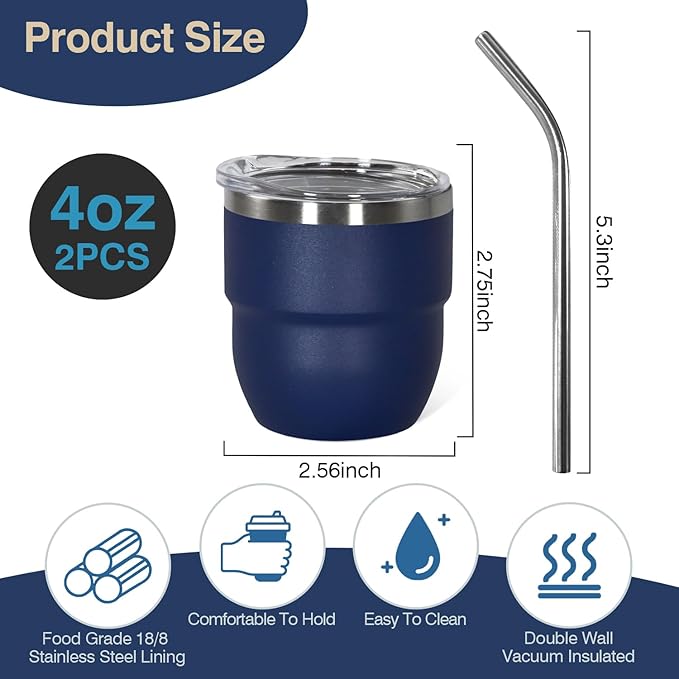 4oz Stackable Cup, Vacuum Insulated Espresso Cup Set of 2, Espresso Shot Glass for Coffee, Double Wall Stainless Steel Mini Tumbler Shot Glasses with Straw and Lid