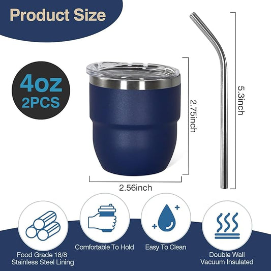 4oz Stackable Cup, Vacuum Insulated Espresso Cup Set of 2, Espresso Shot Glass for Coffee, Double Wall Stainless Steel Mini Tumbler Shot Glasses with Straw and Lid