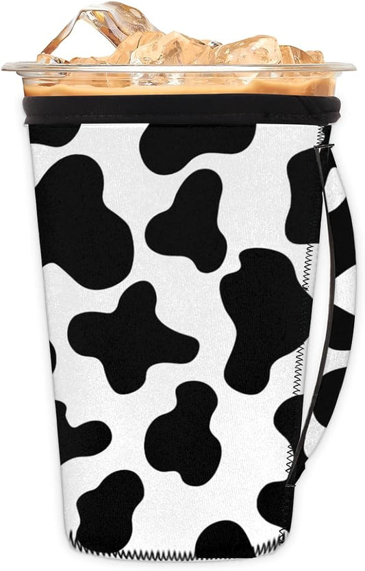 Cow Print Reusable Insulator Coffee Sleeves for Drinks Beverages, Neoprene Holder with Handle for Most Coffee or Ice Drink, 30-32oz