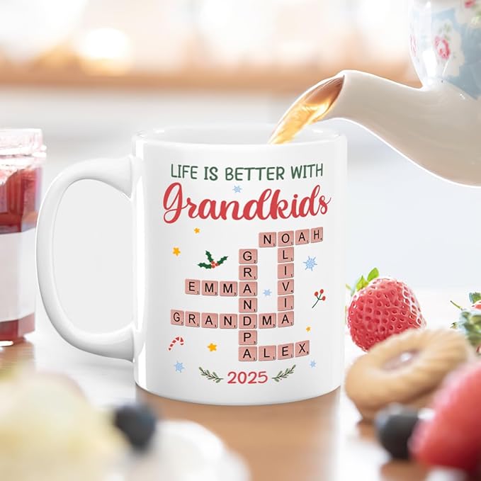 Joymade Personalized Ceramic Coffee Mug, Funny Custom Mug for Bestie, Friends, Couple, Coworker, Snowman Lovers (Life Is Better With Grandkids)