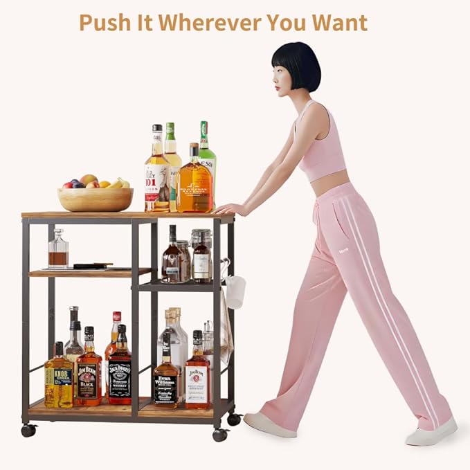 Bakers Rack Kitchen Microwave Cart，Rolling Kitchen Cart with Lockable Wheels, 4-Tier Microwave Stand, Bakers Rack Island, Coffee Cart, Buffet Sideboard Cabinet for Office, Living Room