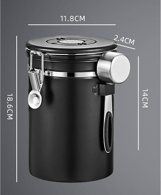 Airtight Coffee Canister – 22oz Stainless Steel Coffee Container with 2 tbsp Scoop & Date Tracker, Black – Food Storage Jar for Beans, Tea & Pantry Essentials
