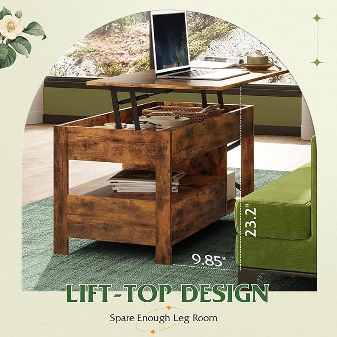 WLIVE Lift Top Coffee Table, 39" Coffee Table with Storage Drawers, Hidden Compartment, Wooden Lift Tabletop Center Table for Living Room, Home, Rustic Brown