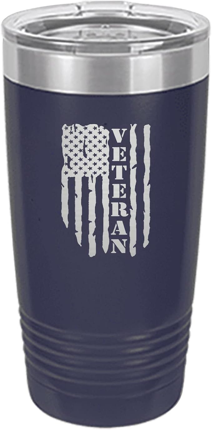 Rogue River Tactical USA Flag Veteran 20 Oz. Travel Tumbler Mug Cup w/Lid Vacuum Insulated Hot or Cold Military Vet Gift (Blue)