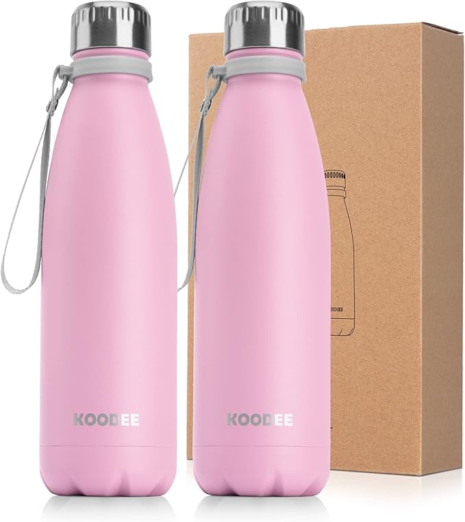 koodee Kids Insulated Water Bottle 2 Pack Stainless Steel Double Wall Vacuum Travel Water Bottle for School-17 oz Sports Leak Proof Water Flask for Girls and Women (Purple Pink)