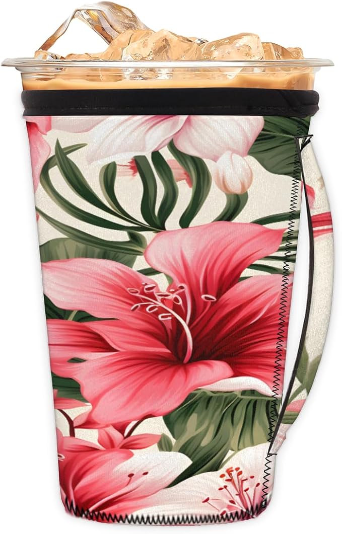 Reusable Iced Coffee Cup Sleeve Tropical Flowers Neoprene Insulated Sleeves Cup Holder with handle Idea for 30oz - 32oz