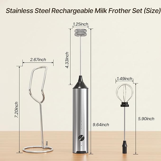 Upgraded Rechargeable Milk Frother Handheld, 3-Speed Electric Frother with 2 Whisks (Frother & Egg Whisk),304 Stainless Steel Drink Mixer for Coffee, Cappuccino, Hot Chocolate, Ideal Christmas Gift