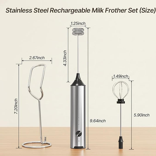 Upgraded Rechargeable Milk Frother Handheld, 3-Speed Electric Frother with 2 Whisks (Frother & Egg Whisk),304 Stainless Steel Drink Mixer for Coffee, Cappuccino, Hot Chocolate, Ideal Christmas Gift