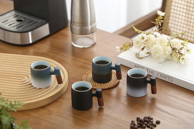 2-Oz Ceramic Espresso Cups with Wood Handle, 2/4-Piece Set for Coffee, Tea, Latte - Dishwasher Safe, Multi-Color & Wood Styles, Gift & Café Use (blue white, Wooden Handle4)