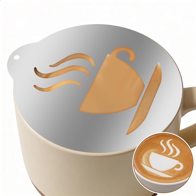 5 Pcs Latte Art Stencils,Coffee Stencils with Latte Art Pen,Lattes Stencilss with Various Patterns for Cappuccino, Hot Chocolate & Cake Decorating,Home or Cafe Use(Silver,4.53IN)