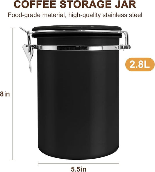 2.8L Airtight Vacuum Coffee Canister, Stainless Steel Storage Container for Coffee Beans and Grounds with Scoop.Suitable for coffee powder, coffee beans, rice, tea leaves, sugar, flour, and grains