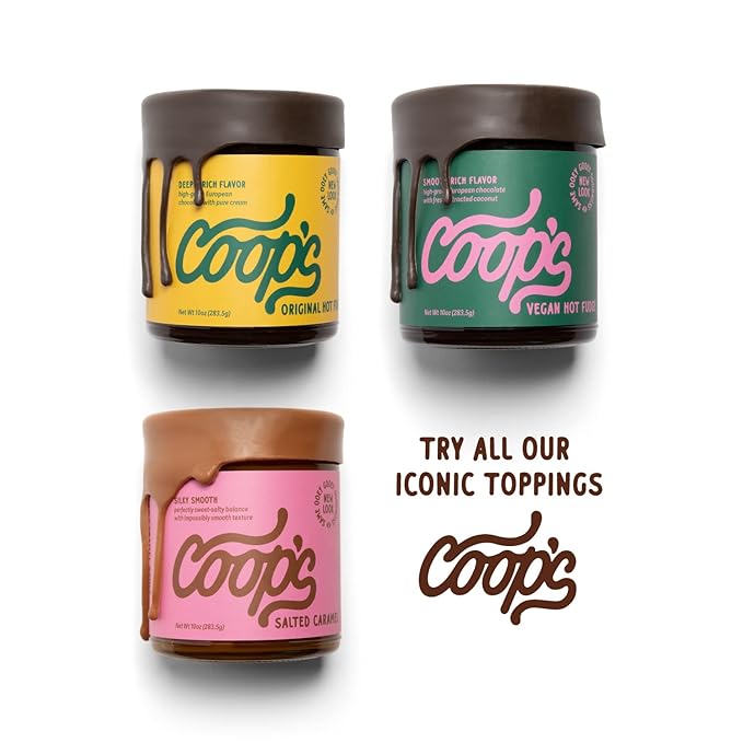 Coop's Vegan Hot Fudge Sauce 10.6 OZ - Gluten Free Vegan, Kosher, Non GMO, Gourmet, All Natural, Plant Based Dairy Free Whipped Topping for ICecream, Sundae, Panckaes, Milshake and more