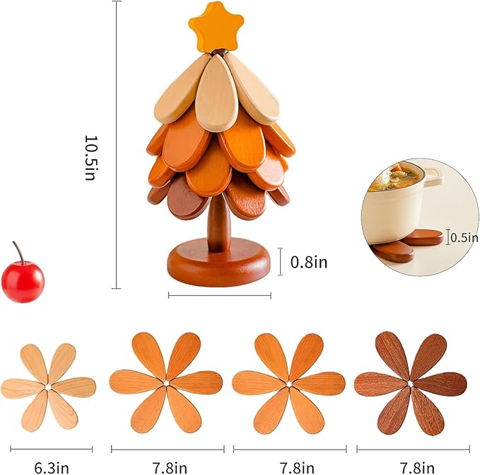 2 Toppers Wooden Tree Trivets Set of 4 for Hot Dishes, Wood Cup Coasters for Drinks, Hot Pads for Hot Pot/Hot Pan & Plate, Christmas Modern Kitchen Counter Decor, Cooking Accessories