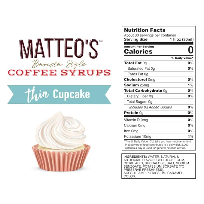 Matteo's Cupcake Syrup for Coffee, Lattes, Cappuccinos & Desserts – Sugar-Free Sweetener for Beverages, Keto Friendly, Zero Calories, Indulgent Flavor, Non-Alcoholic, Ideal for Hot Drinks 33.8oz (6pk)