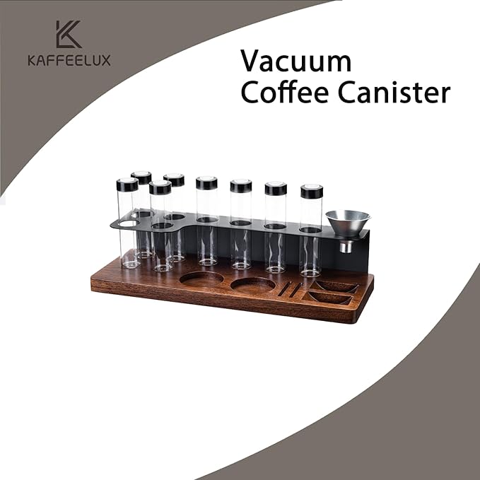 8-Piece Vacuum Coffee Canister Set with Wooden Storage Stand – Airtight Jars + Funnel for Coffee Enthusiasts & Home Cafés | Countertop Bean/Tea Freshness Organizer
