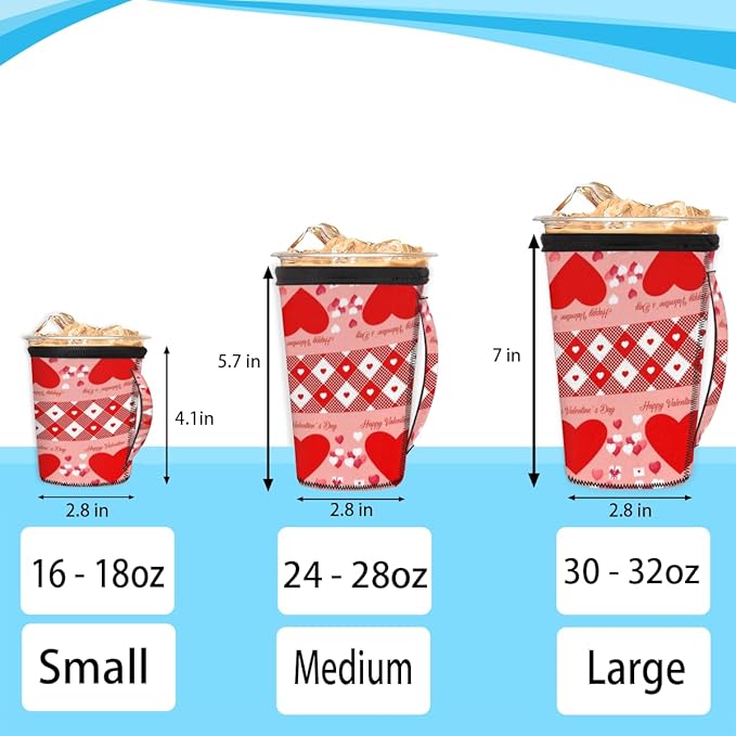 Red Love Heart Reusable Coffee Sleeves Iced Coffee Cozy Insulator,Valentine's Day Neoprene Holder with Handle for Cold Coffee or Ice Drink, Small 16-18oz