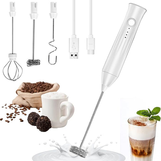 Rechargeable Milk Frother Wand 3 in 1, Handheld Drink Mixer Electric Whisk Stirrer Coffee Foam Frother with 3 Stainless Steel Whisks, 3 Speeds, USB-C Protein Powder Mixer for Cappuccino, Egg, White