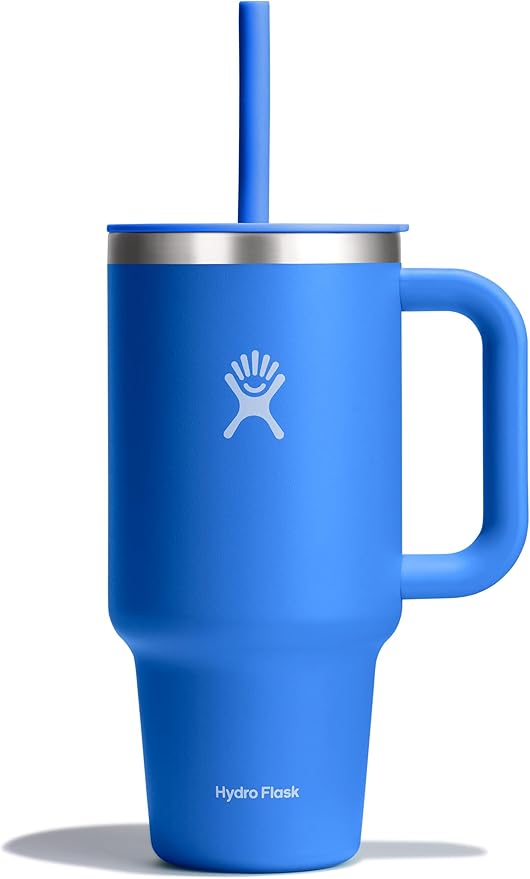 Hydro Flask Travel Tumbler with Handle, Lid and Straw - Insulated Stainless Steel in 32 Oz Blue