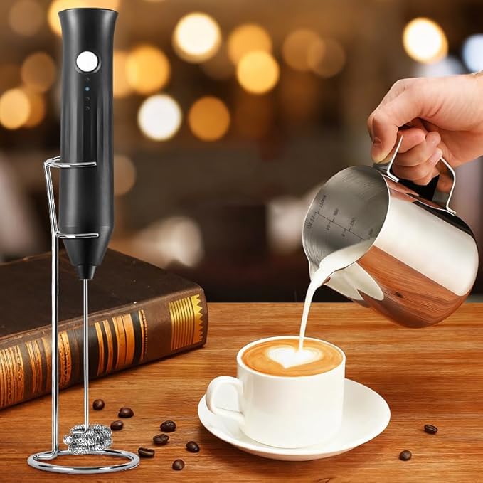 Powerful Milk Frother - Electric Handheld Milk Foam Maker with Stand, Milk Jug and 2 Stainless Steel Whisks, Rechargeable 3 Speeds for Coffee Lattes Cappuccino Matcha（Black）