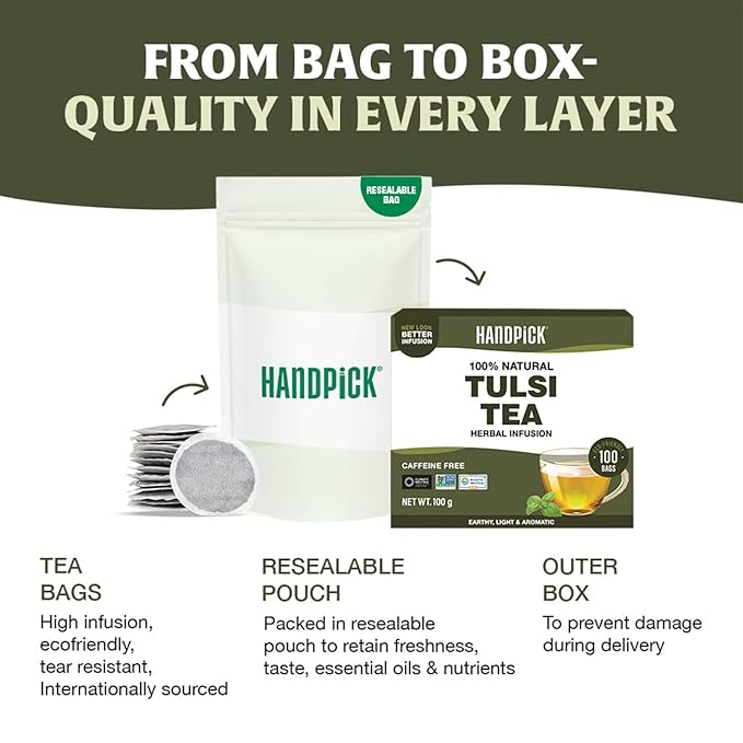 HANDPICK Original Tulsi Tea (100 count) Holy Basil Tea | Non-GMO, Caffeine-Free Herbal Tea | Ecofriendly Round Tea Bags