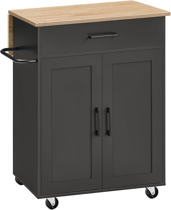 Kitchen Island on Wheels with Drop Leaf, Folding Countertop Kitchen Island Cart, Kitchen Islands Table with Towel Rack, Drawer, for Kitchen, Dining Room, Black and Natural KINB12501