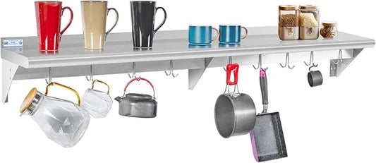 Hally Stainless Steel Shelf with 9 Hooks 12" x 72" Wall Mounted Pot Rack 345lb, NSF Commercial Floating Shelving for Storage Hanging Pots, Pans, cookware in Restaurant, Kitchen, Home and Hotel